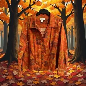 Cj Banks Abstract Floral Jacket, Womens X, Orange Long Sleeves Linen & Cotton